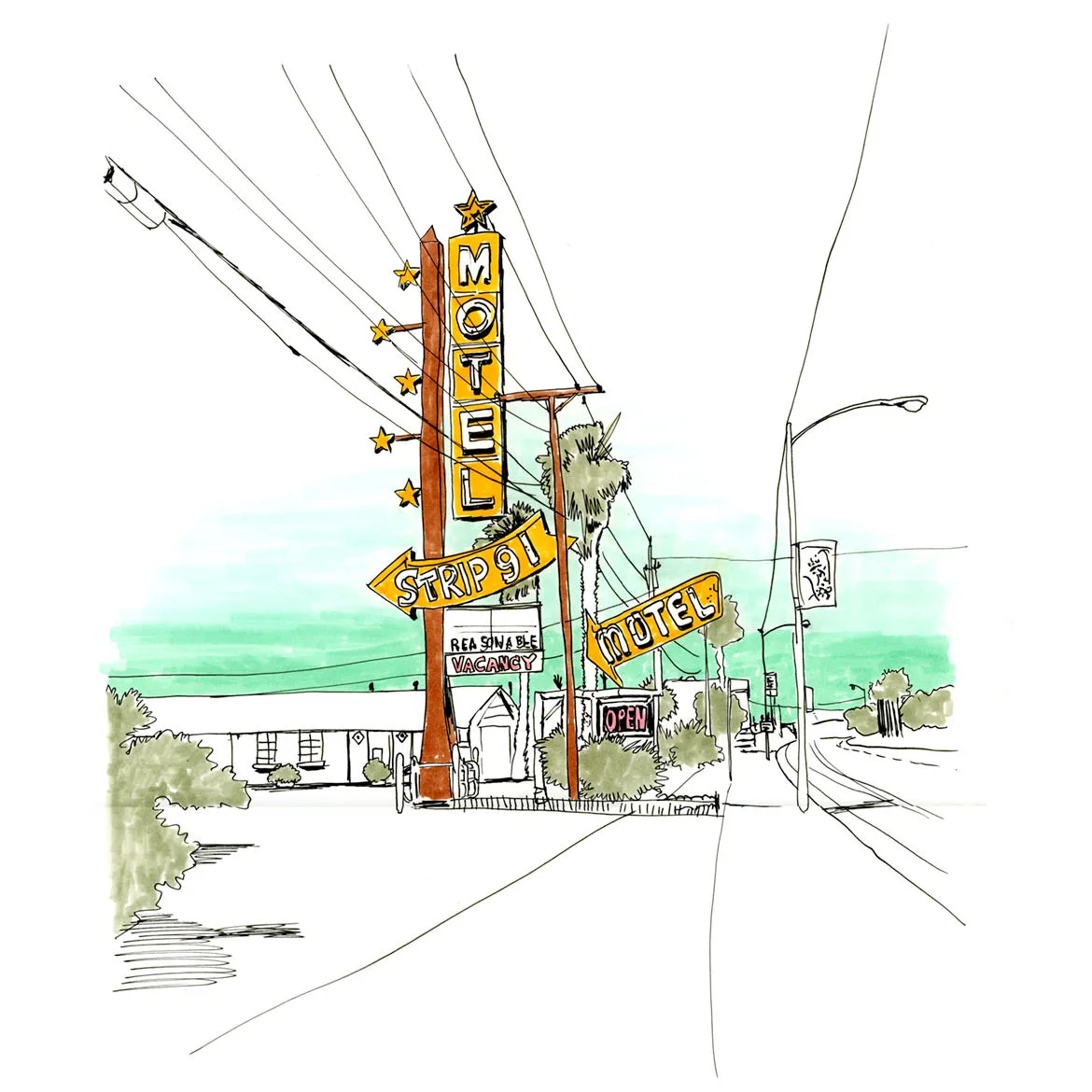 Ink and watercolor sketch of a vintage motel sign with stars and arrows on Las Vegas Boulevard.