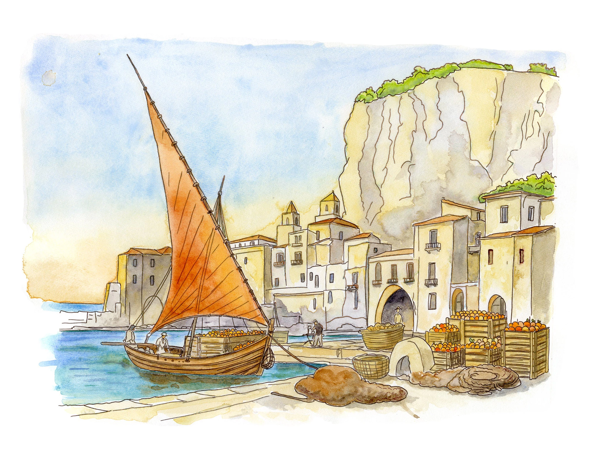 Crates of sour oranges being loaded in Cefal&ugrave;, Sicily