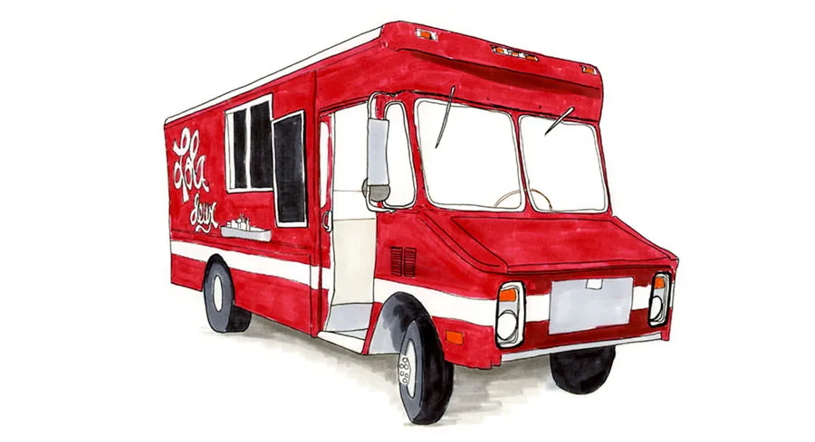 Ink and watercolor sketch of the red-and-white Lola Deux food truck in Covington, Louisiana.