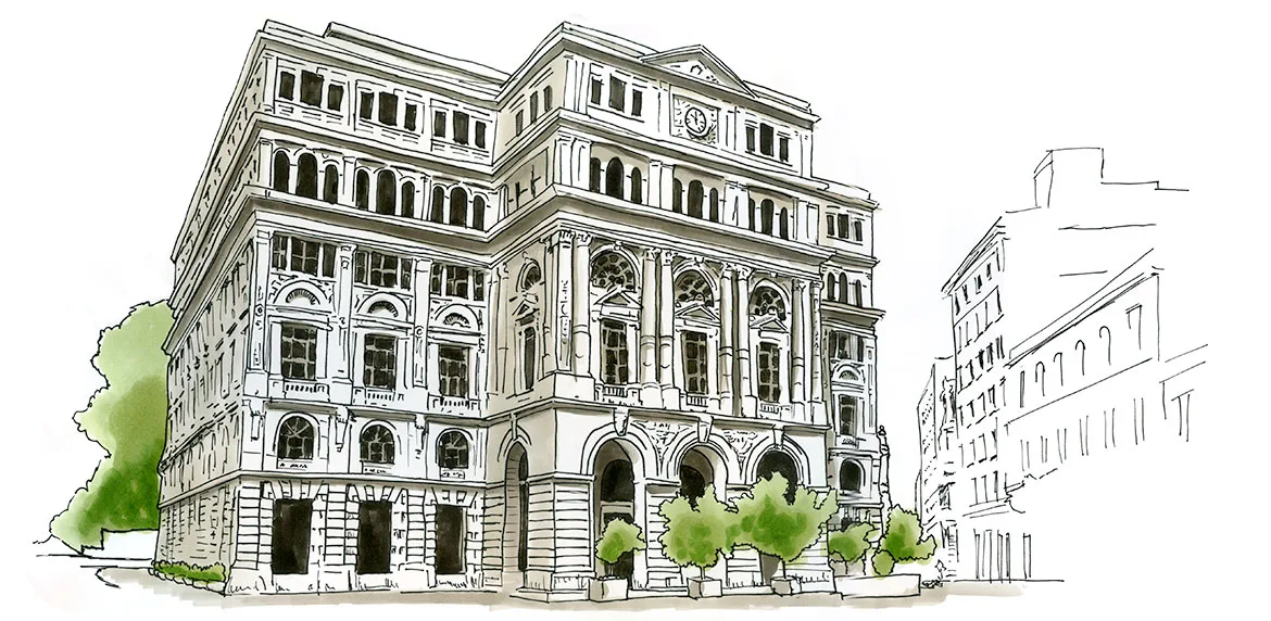 Ink and watercolor sketch of the Lonja del Comercio building in Havana.