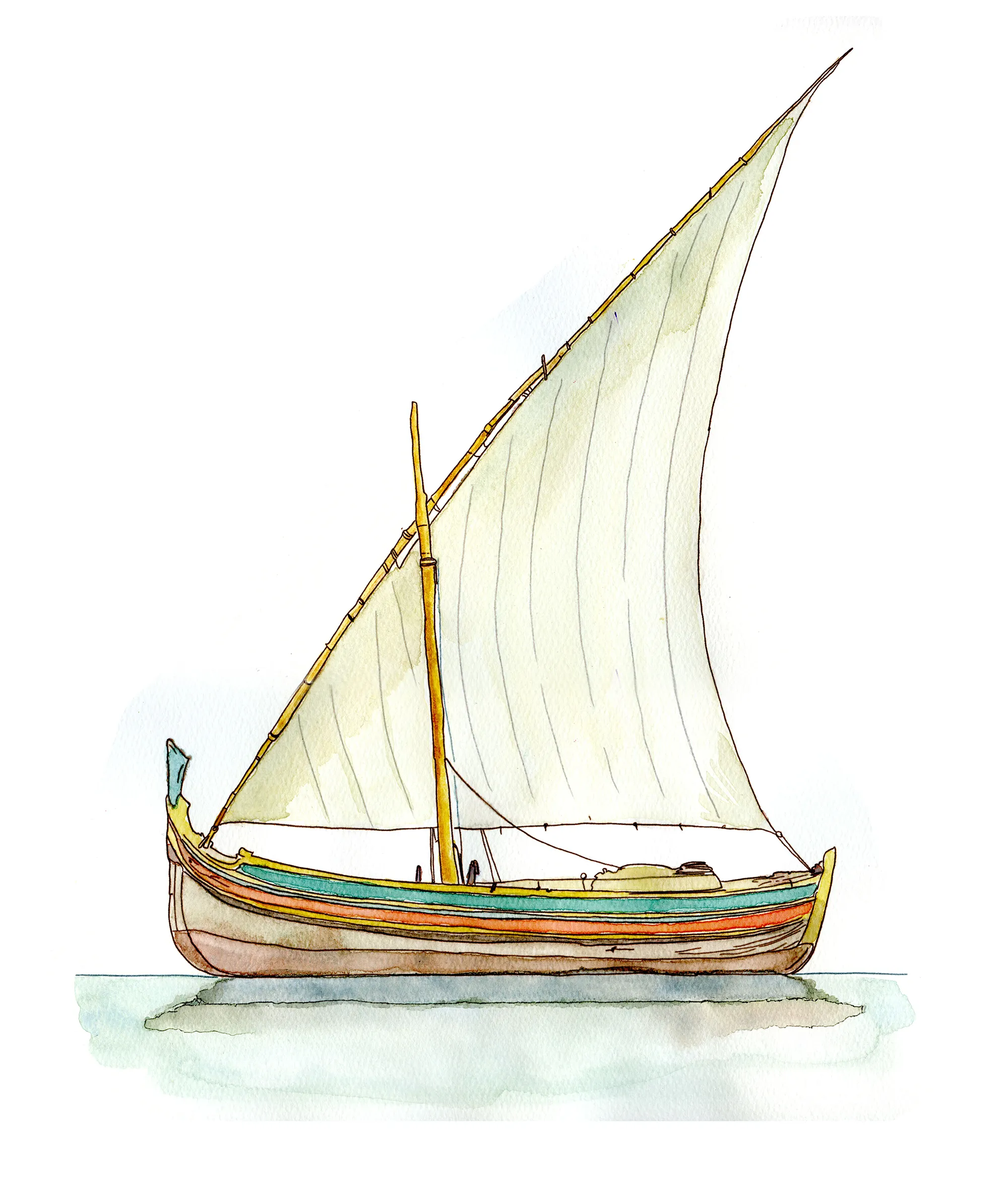 Black liner pen and watercolor sketch of a Maltese dghajsa from Gozo under a single lateen sail, its hull striped in teal, red and yellow with a tall upturned stem post.