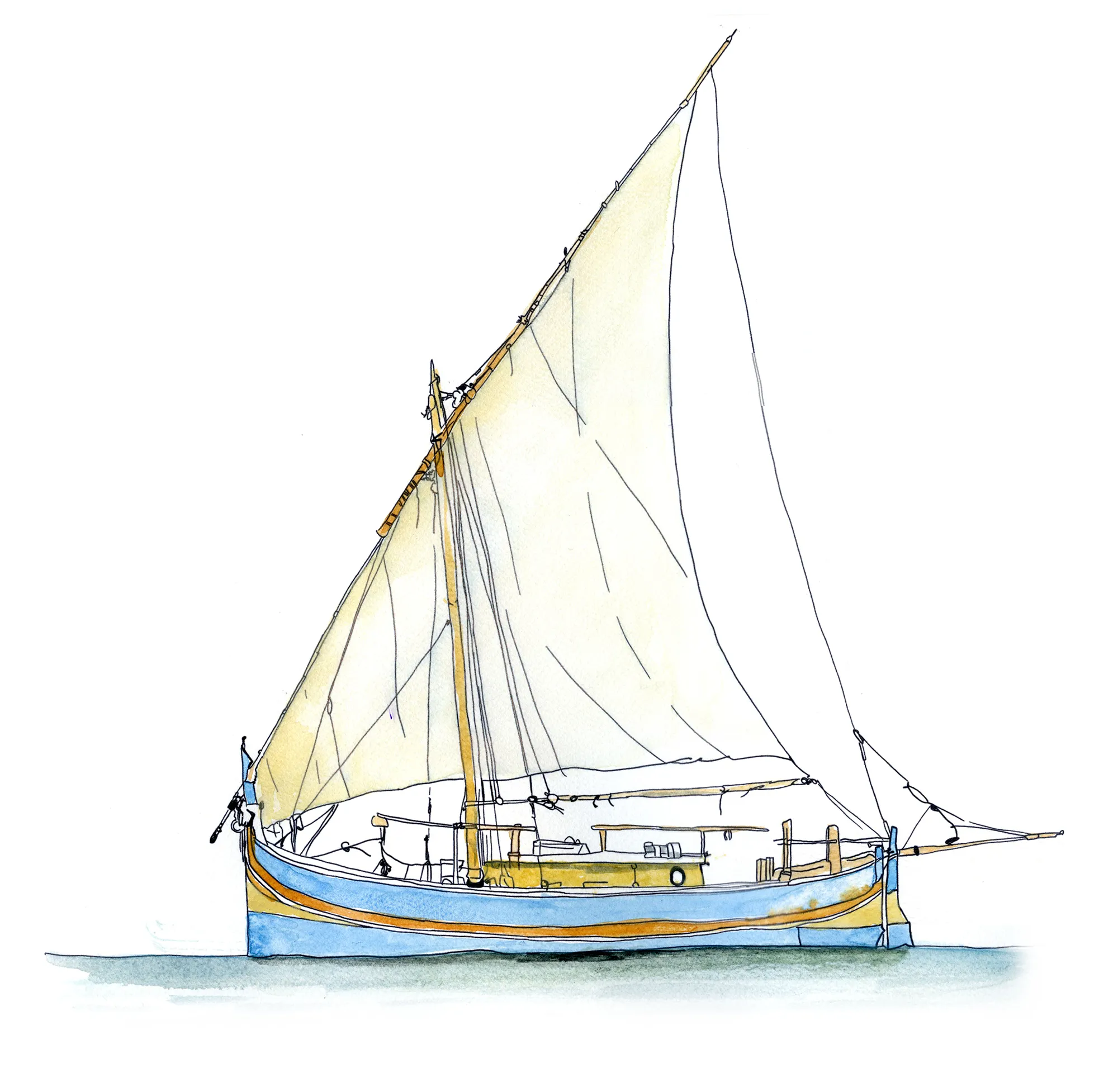 Ink and watercolor sketch of a Maltese settee-rigged boat from Gozo.