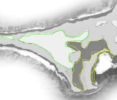 Map of the northern end of Great Guana Cay with outlined areas marking where mangroves were lost.