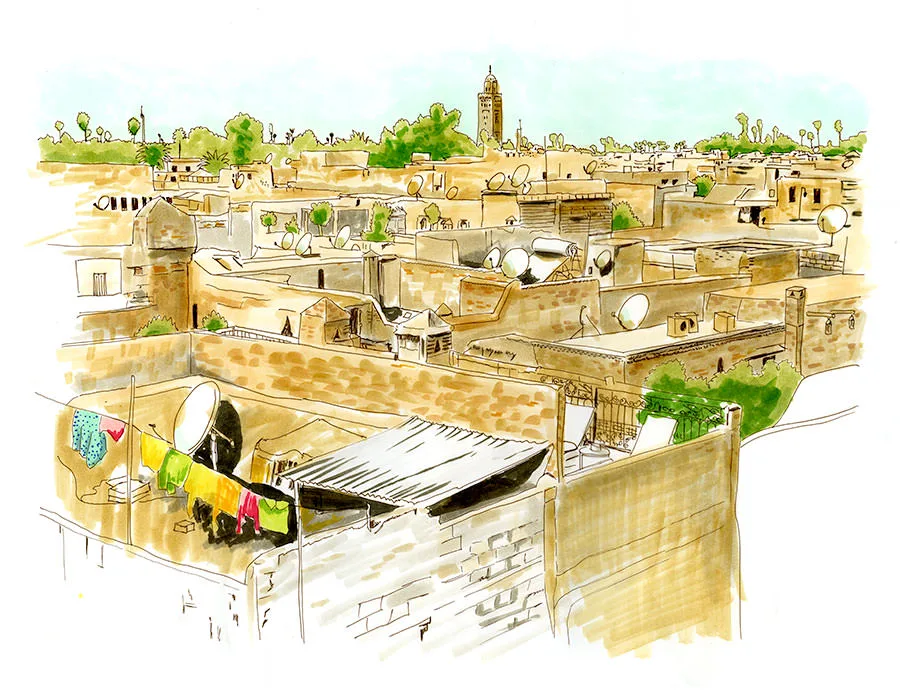 Sketch by Erik Gauger of the sprawling, sandy Marrakech skyline