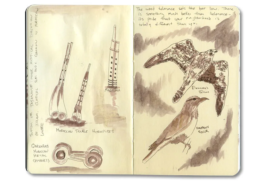 Sketch-journal page of Moroccan instruments, from Erik Gauger's Marrakech notebook (I)