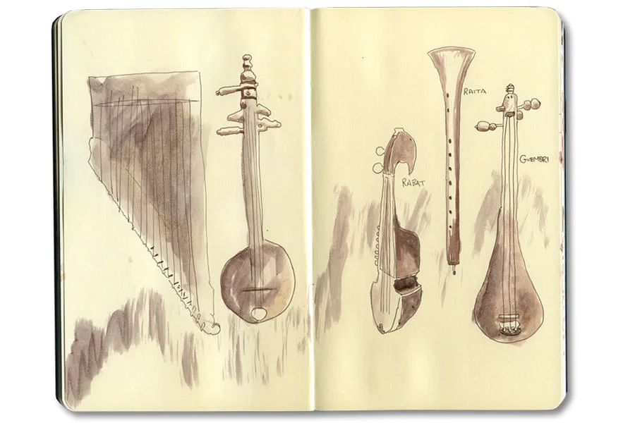 Sketch-journal page of Moroccan instruments, from Erik Gauger's Marrakech notebook (II)