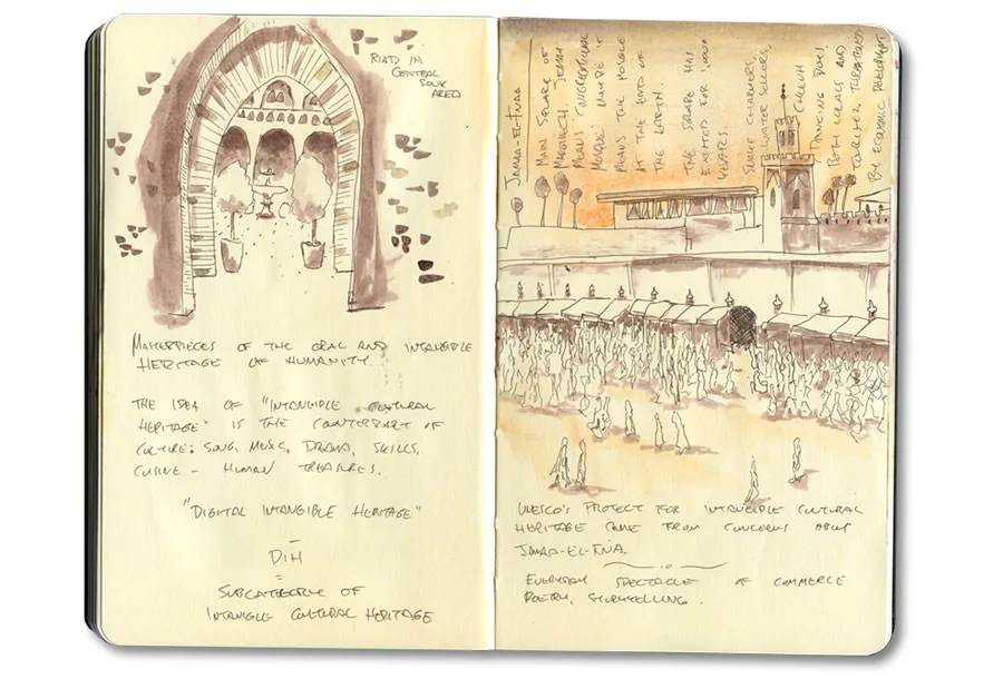 Sketch-journal page of Moroccan instruments, from Erik Gauger's Marrakech notebook (IV)