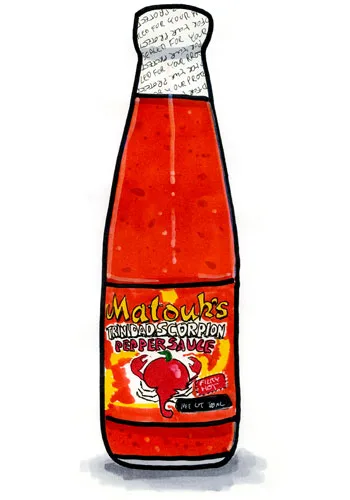 Sketch by Erik Gauger of Matouk's Trinidad Scorpion Pepper Hot Sauce
