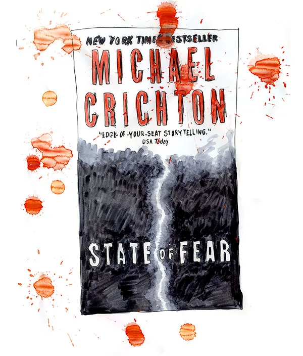 Ink and watercolor illustration of the cover of Michael Crichton's "State of Fear," spattered with red paint.