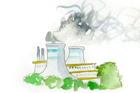 Watercolor of a power plant with cooling towers and smokestacks belching gray smoke above green trees