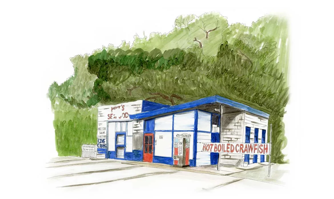 Watercolor illustration of Mike's Seafood, a blue-and-white roadside crawfish shack in Louisiana