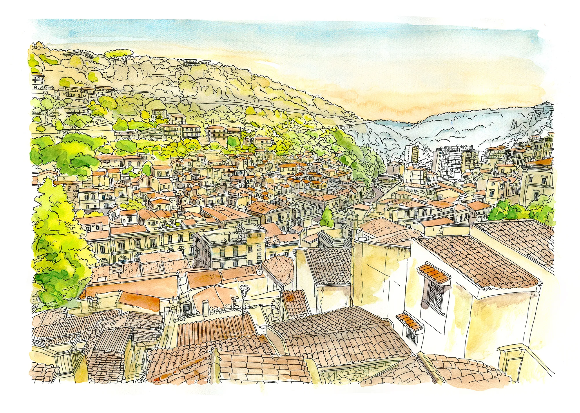Ink and watercolor sketch of Modica Bassa, terracotta rooftops filling the valley below green hills.