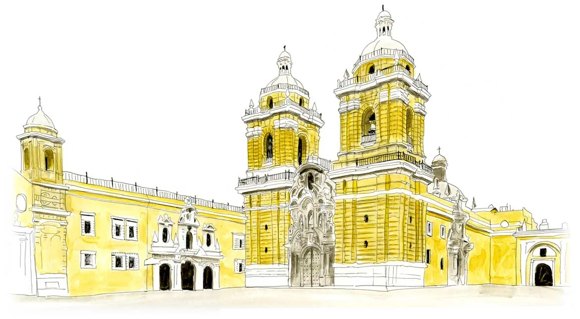 Ink and marker sketch of the yellow Monastery of San Francisco in Lima, Peru.