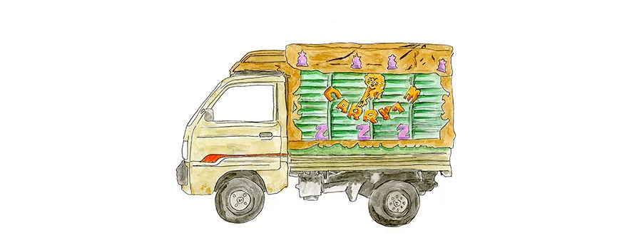 Sketch by Erik Gauger of a small, overpacked Suzuki truck in Marrakech