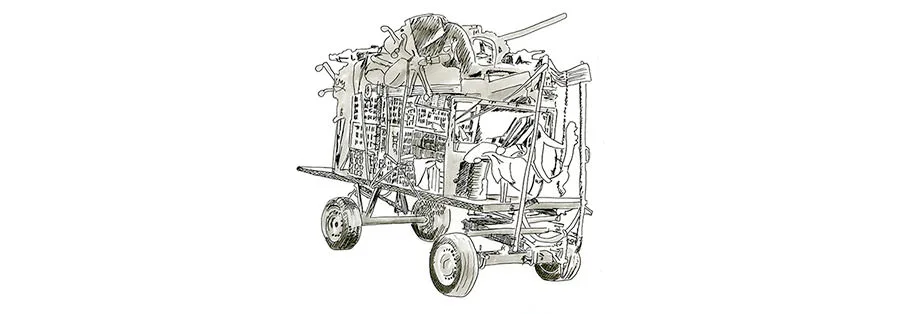 Sketch by Erik Gauger of a giant hand-push vendor cart outside the Marrakech medina