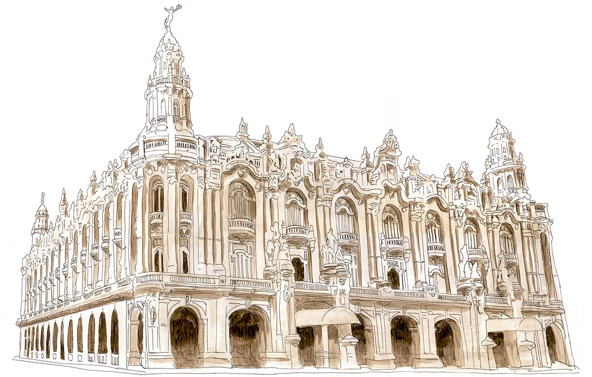 Ink and watercolor sketch of the ornate Museo Nacional de Bellas Artes building in Havana.