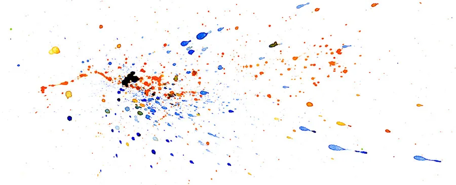 Watercolor splatter abstraction of the July 16, 1976 Music Never Stopped jam, orange streaks and blue flecks radiating from a black center.