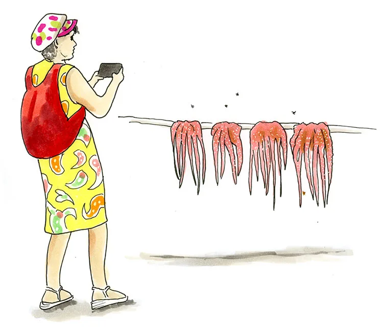 Ink and watercolor sketch of a woman in a sun hat photographing octopus hung to dry on a line in Naoussa, Paros.