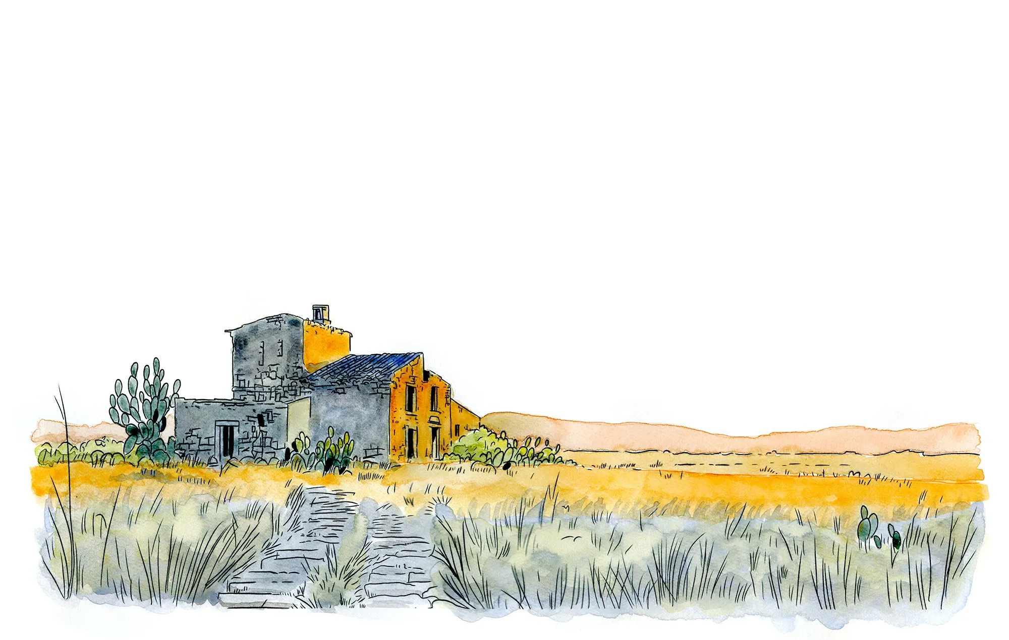 Liner pen and watercolor sketch of the Noto Valley at sunset: golden fields and a weathered stone farmhouse among prickly pear cactus, with an old stone path running through the grass.