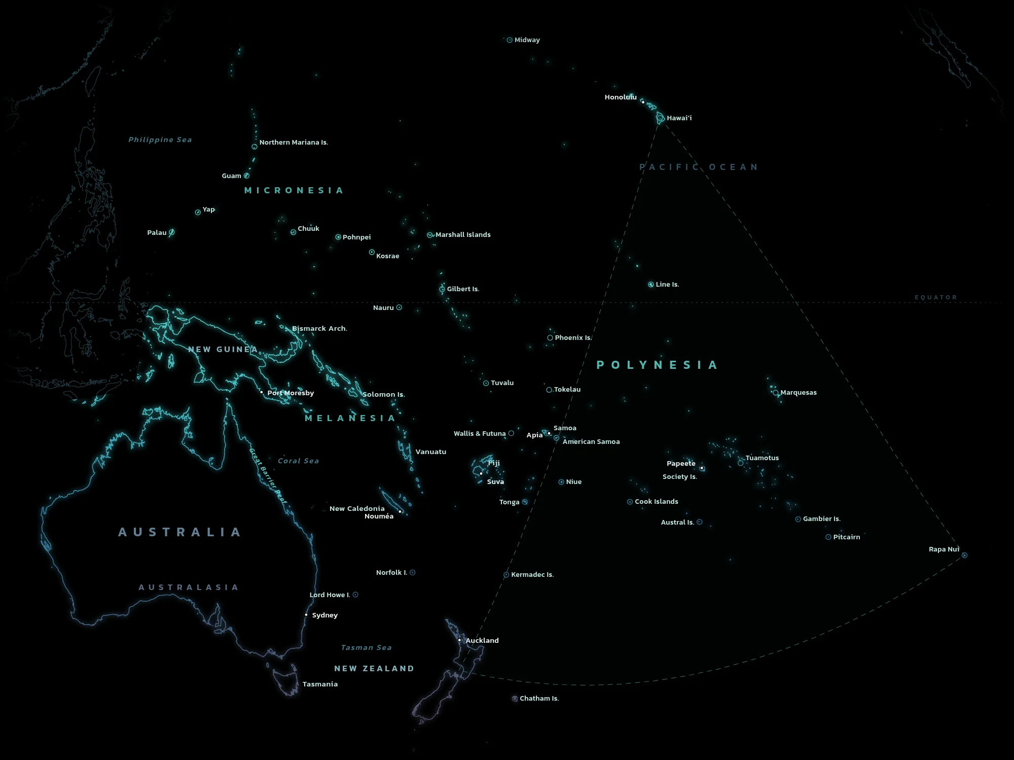 Line map of Oceania on black, from Australia and New Guinea across Melanesia and Micronesia to the Polynesian triangle of Hawaiʻi, New Zealand and Rapa Nui, with the island groups named: Palau, Guam, the Marshall Islands, Kiribati, Tuvalu, the Solomon Islands, Vanuatu, New Caledonia, Fiji, Samoa, Tonga, the Cook Islands, French Polynesia, Pitcairn and more.