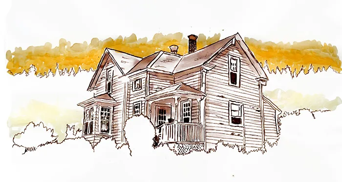 Ink and watercolor illustration of a weathered clapboard farmhouse against golden fields, Odell, Oregon