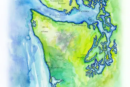 Handpainted map of Washington's Olympic Peninsula