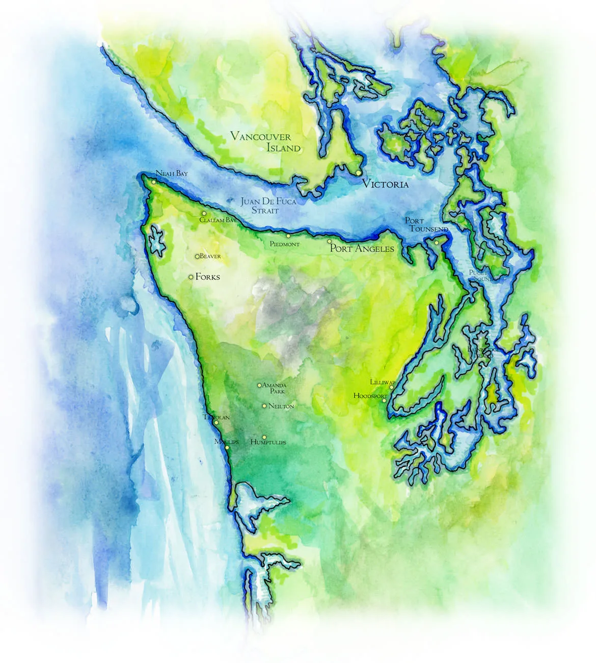 Watercolor map of Washington&rsquo;s Olympic Peninsula, with the gray Olympic Mountains at its center, the Strait of Juan de Fuca, Vancouver Island and Victoria to the north, Puget Sound and Hood Canal to the east, and towns from Neah Bay and Port Angeles to Forks, Amanda Park and Moclips