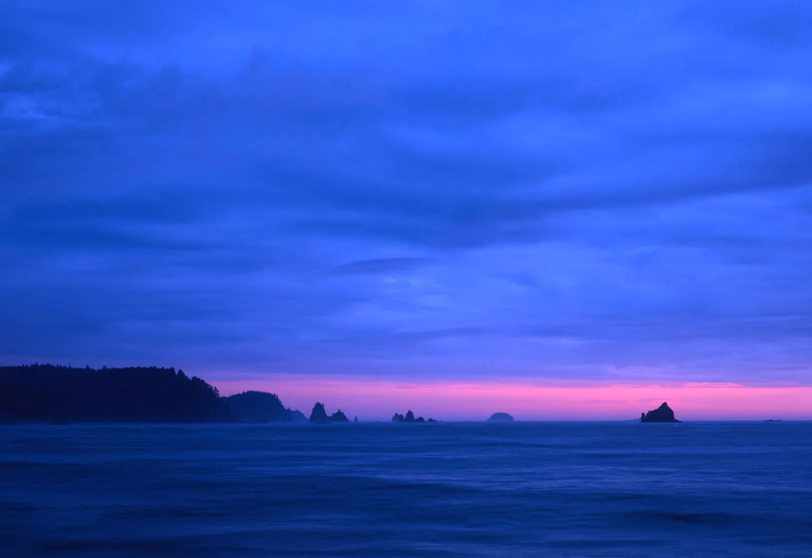 Sea stacks silhouetted along the Olympic Peninsula coast at blue hour, a band of pink light on the horizon