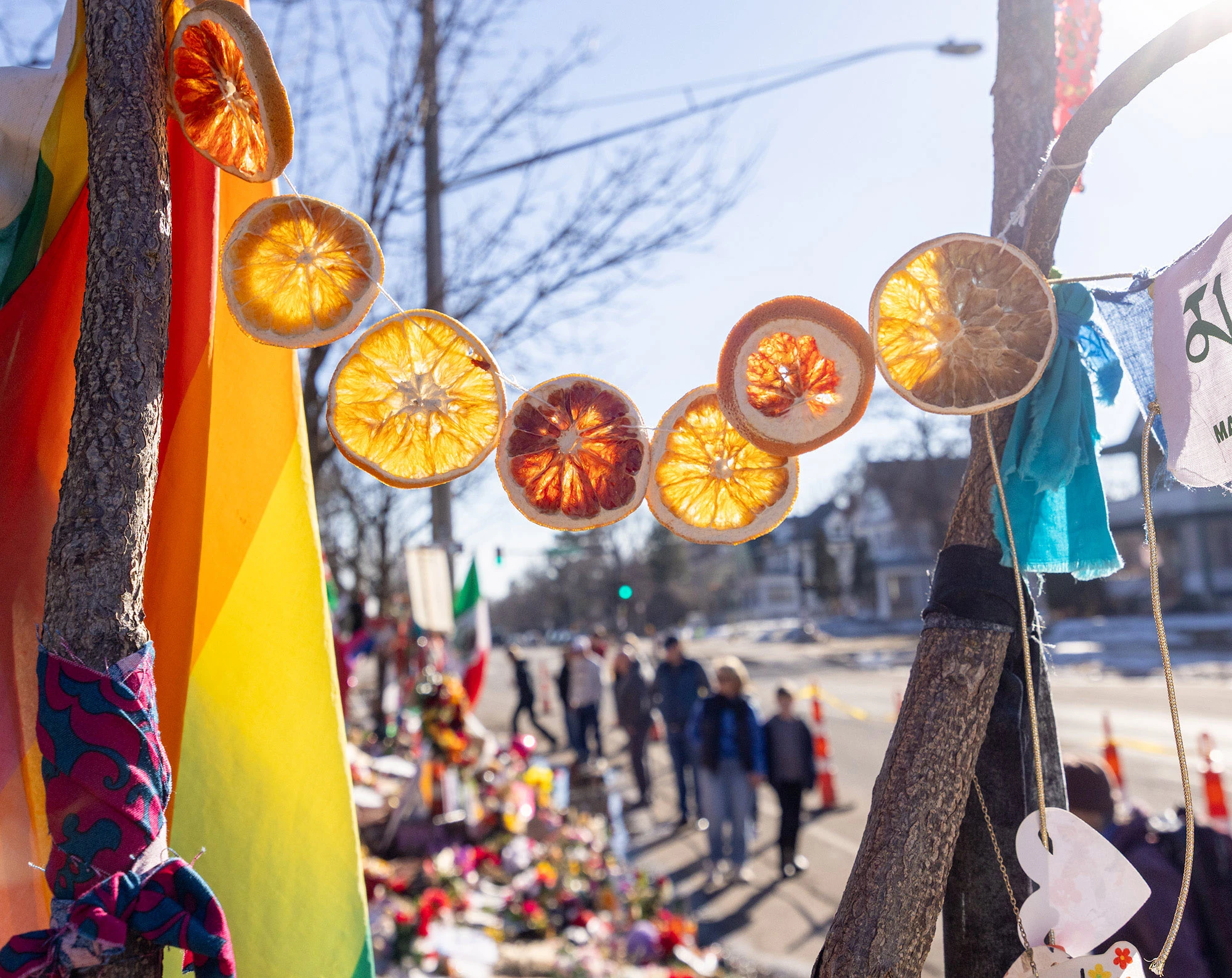Dried orange slices strung together glow in the sunlight at the Renee Good memorial in Minneapolis, where neighbors placed flowers, photos, and symbolic offerings to remember her after the fatal shooting by a federal ICE agent.
