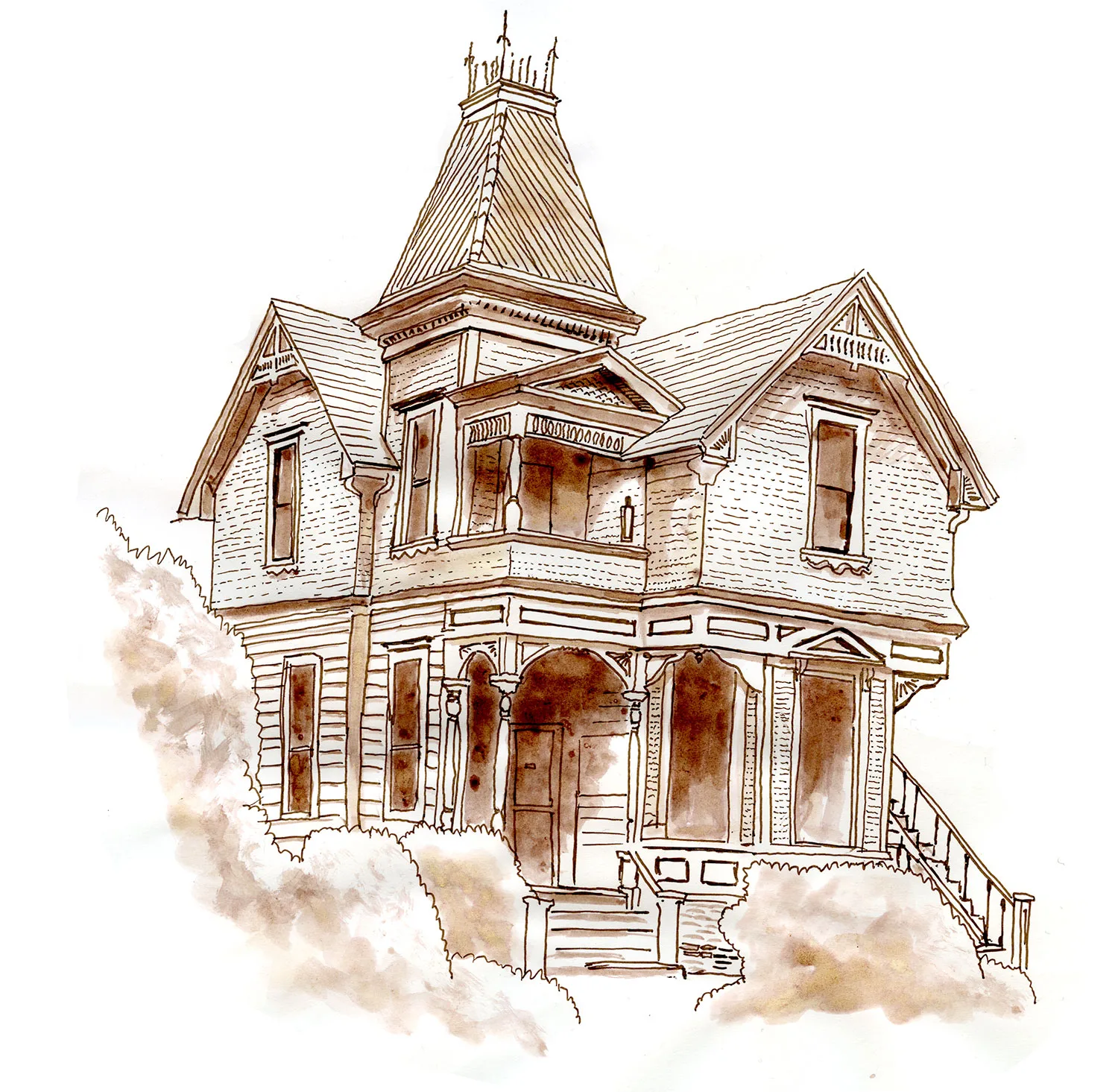 Ink and sepia illustration of an ornate Victorian house with a corner tower, Portland, Oregon