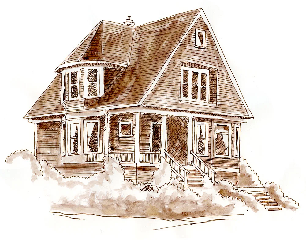 Ink and sepia illustration of an old gambrel-roofed house with a bay window and porch, Portland, Oregon