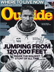 Cover of Outside magazine with Felix Baumgartner in a spacesuit and the headline "Jumping from 120,000 Feet."