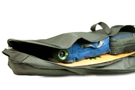 Longboard skateboard packed for travel