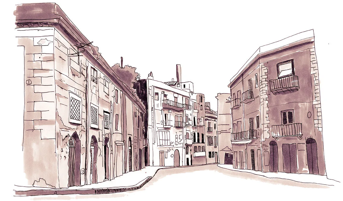 Sepia ink sketch of a narrow Palermo street lined with old balconied buildings