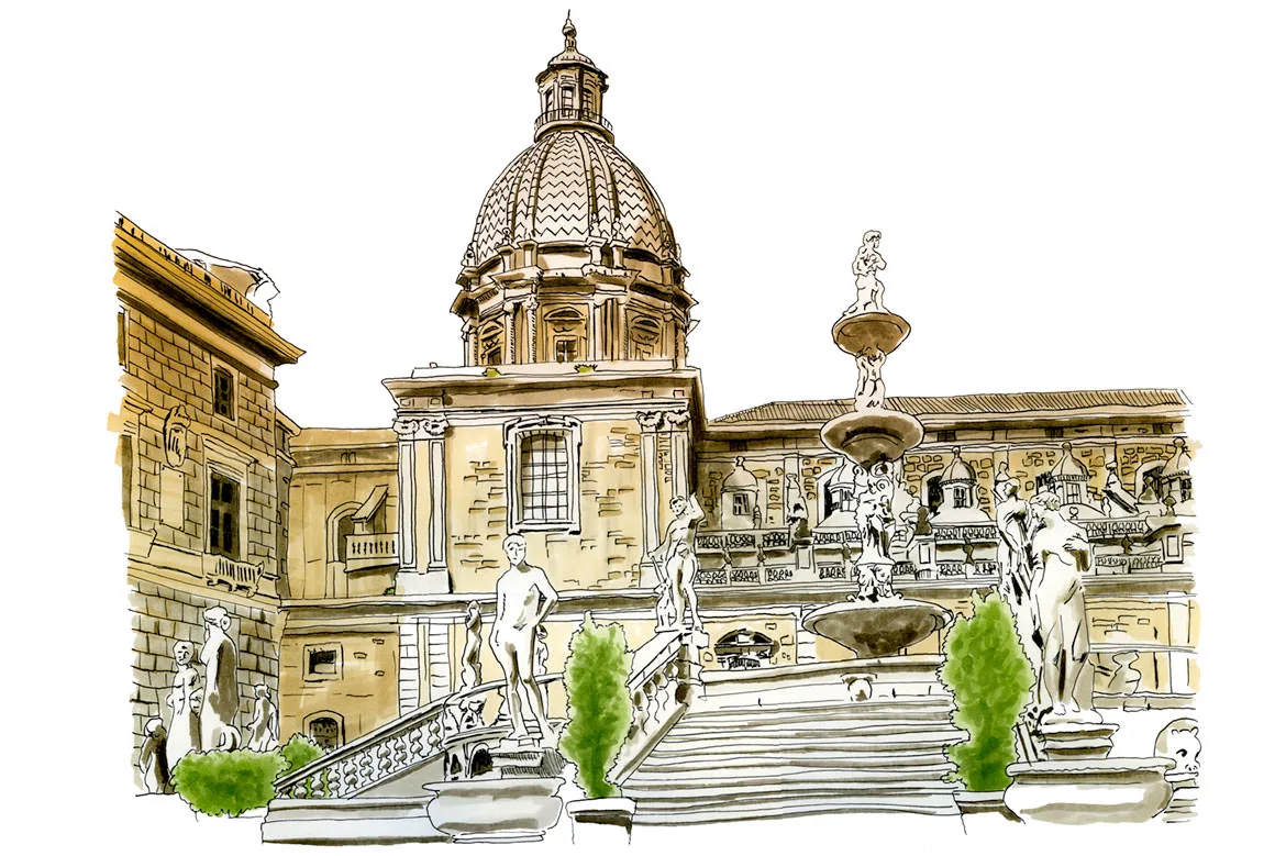 Ink and watercolor illustration of Palermo's Piazza Pretoria, its statue-lined fountain below a baroque dome
