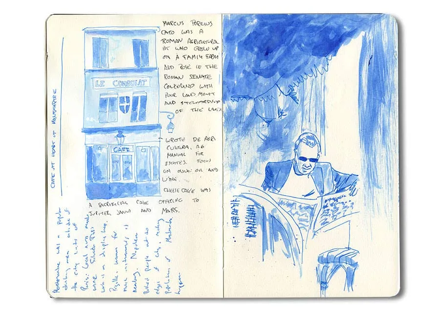 Paris Moleskine sketch: a man reading a newspaper outside Le Consulat cafe, Montmartre