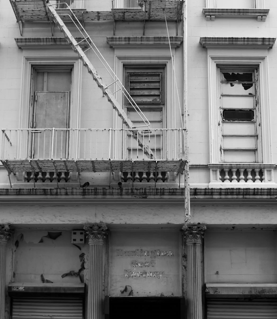 The derelict facade of the former building at the Park51 site in Lower Manhattan, in black and white