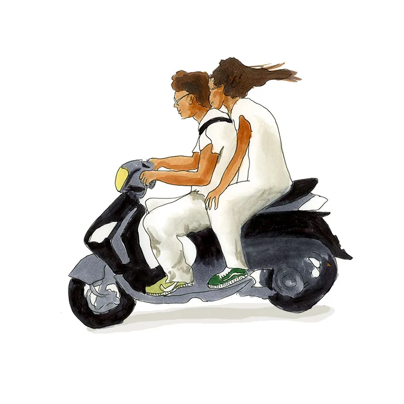 Watercolor illustration of a couple riding a black Vespa scooter, Paros