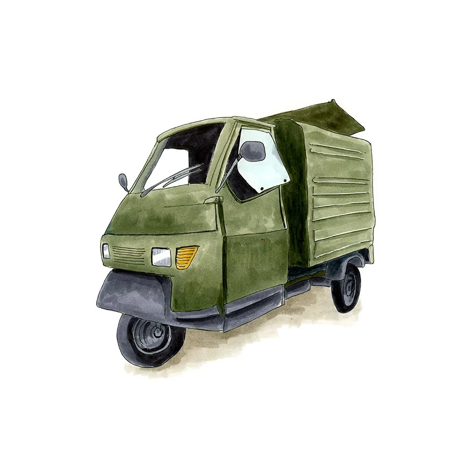 Ink and watercolor sketch of a small green three-wheeled Piaggio Ape garbage truck used in the narrow alleys of Paros.