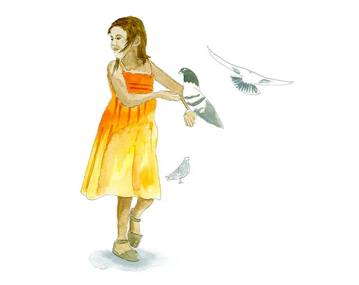 Watercolor sketch of a girl in an orange dress feeding pigeons in the Plaza de la Cultura, San José, Costa Rica.