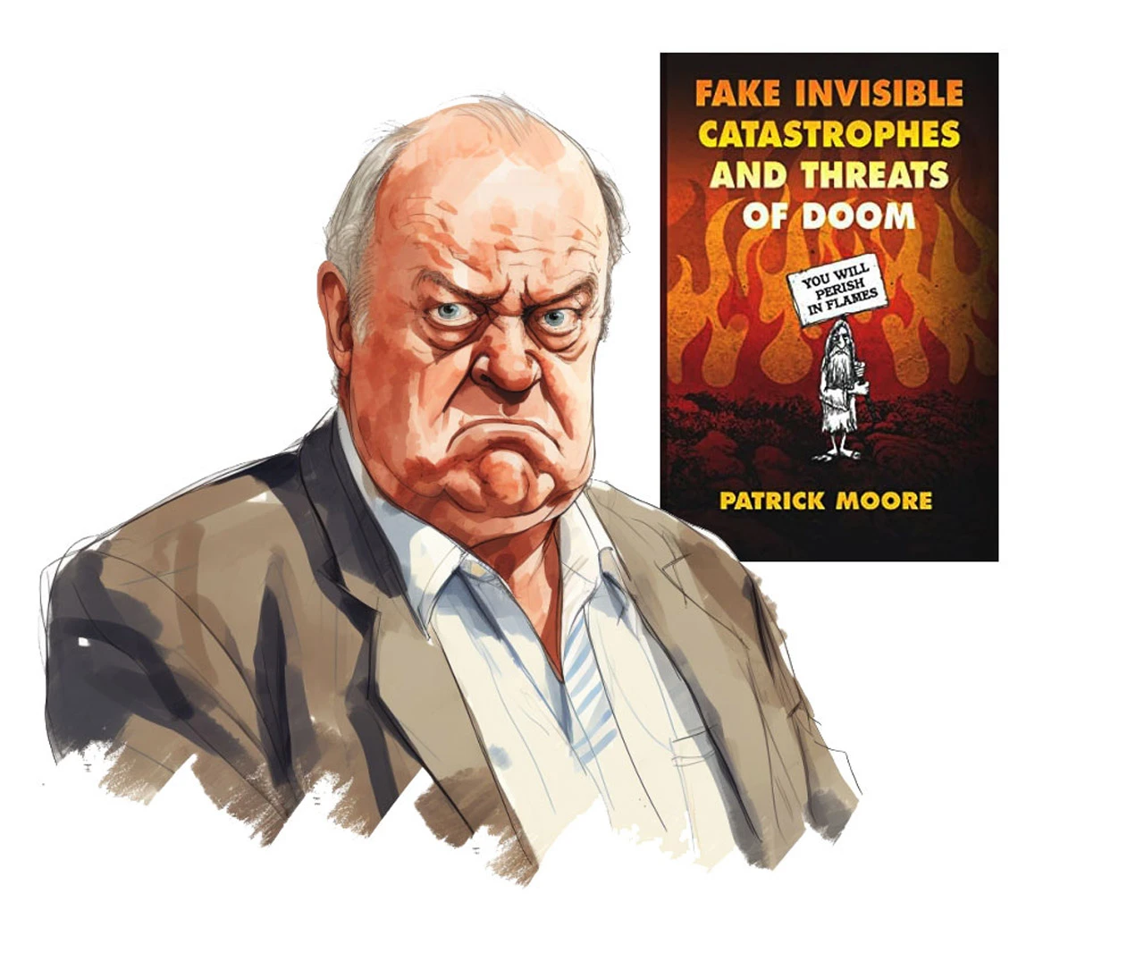 Watercolor caricature of Patrick Moore scowling beside his book "Fake Invisible Catastrophes and Threats of Doom."