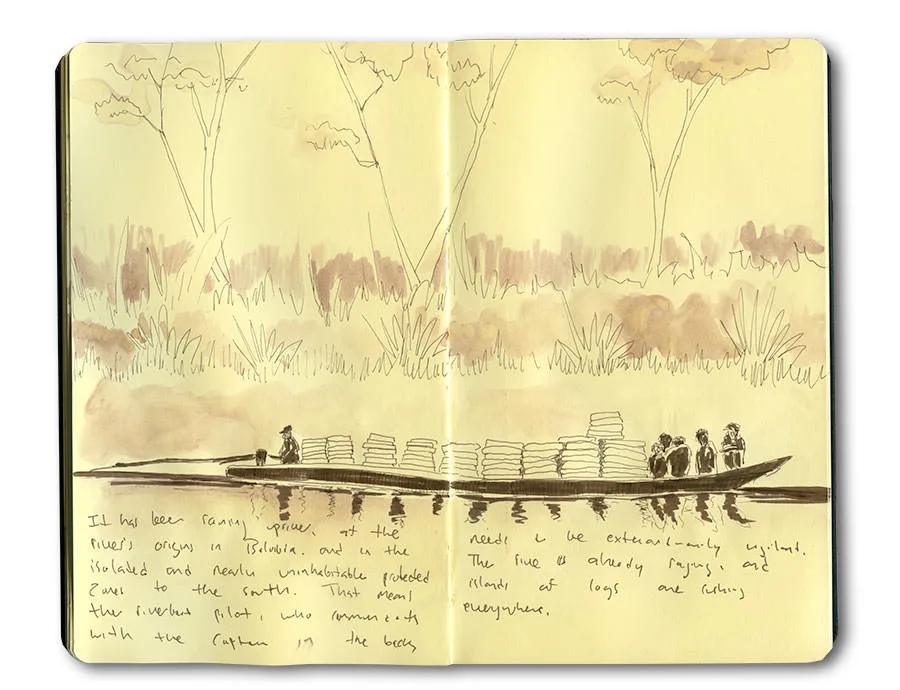 Sepia sketchbook spread of a long boat with passengers on the Tambopata River in the Peruvian Amazon.