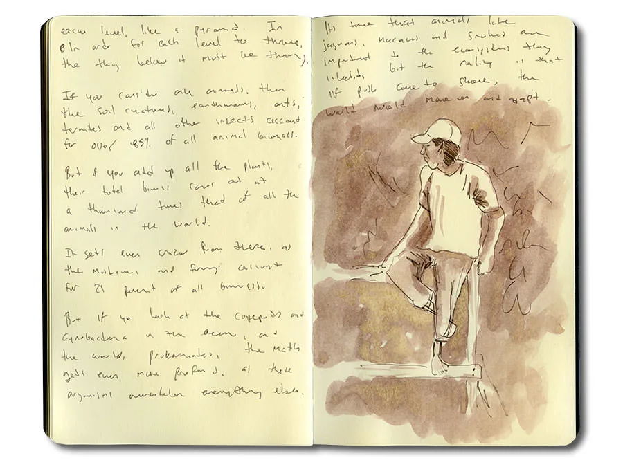 Sketchbook spread of a boat guide on the Tambopata River in sepia wash, with handwritten notes.