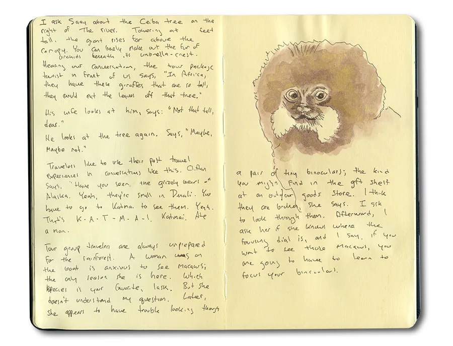 Sketchbook spread of a monkey's face in the Tambopata jungle, with handwritten notes.