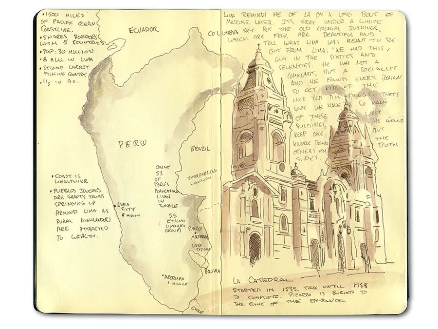 Peru sketchbook spread with a hand-drawn map of Peru and a sepia sketch of the Lima Cathedral, with handwritten notes.