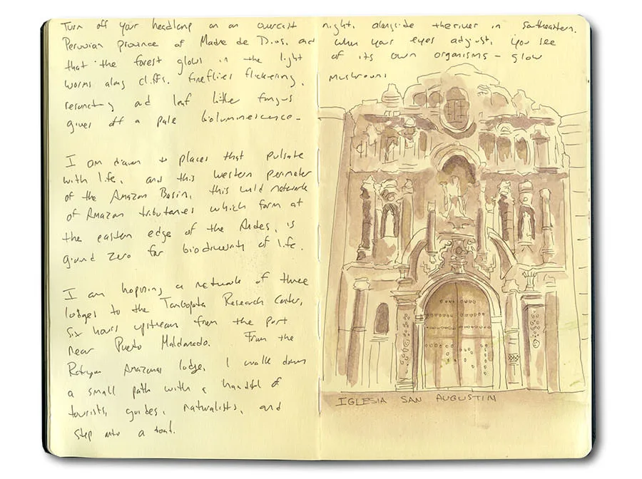 Sketchbook spread with the carved façade of the Iglesia de San Agustín in Lima, with handwritten notes.