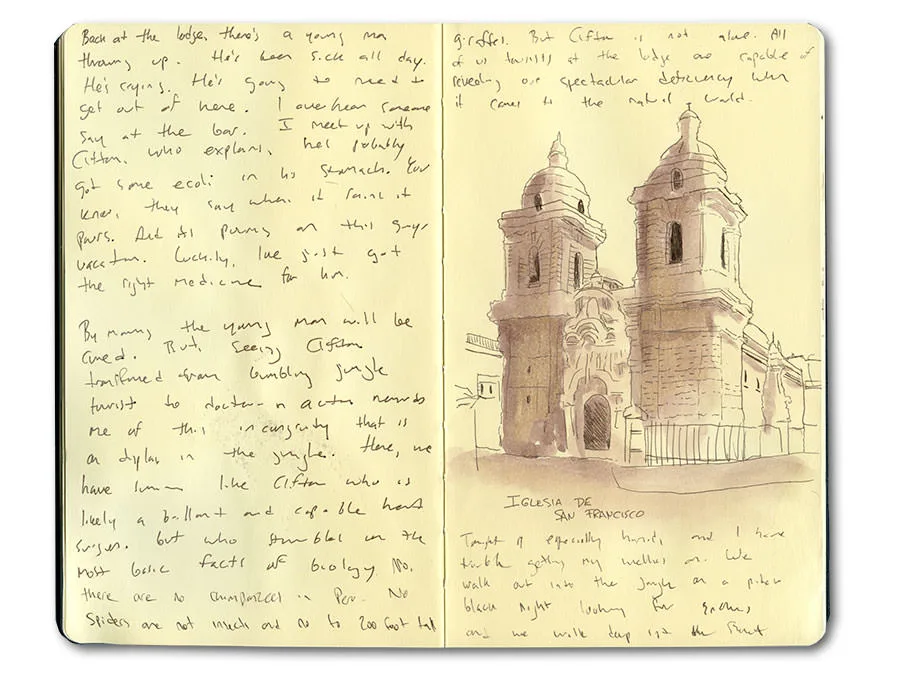 Sketchbook spread of the Iglesia de San Francisco in Lima, with handwritten notes.