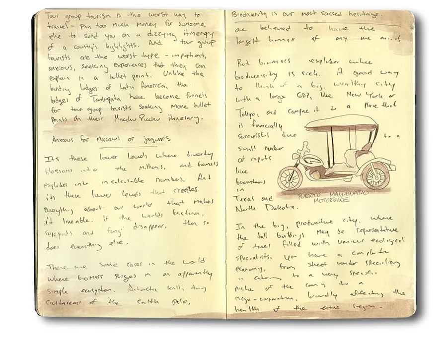 Sketchbook spread of a motorcycle taxi in Puerto Maldonado, Peru, with handwritten notes.