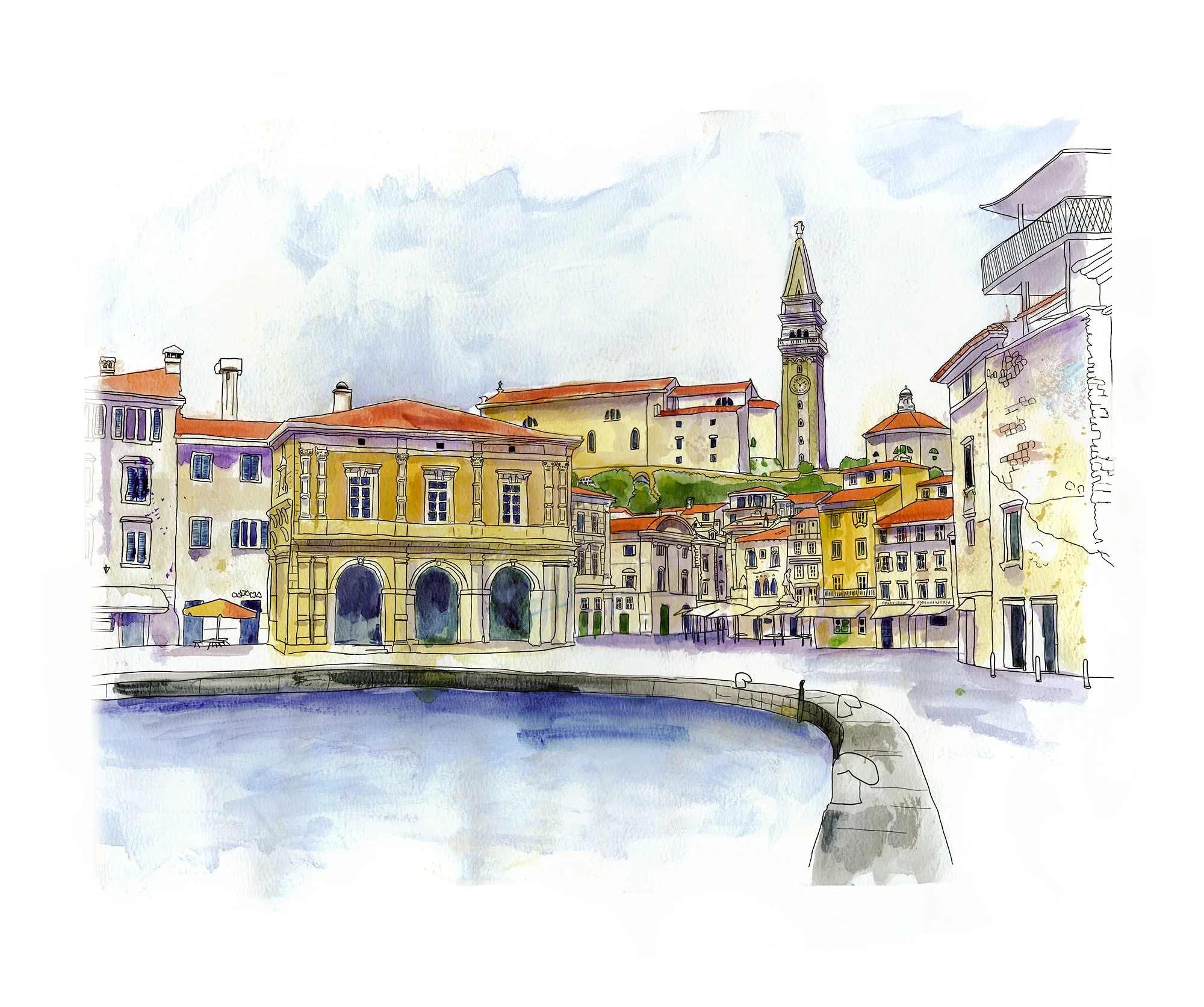 Watercolor sketch of the Piran harbor in Slovenia.