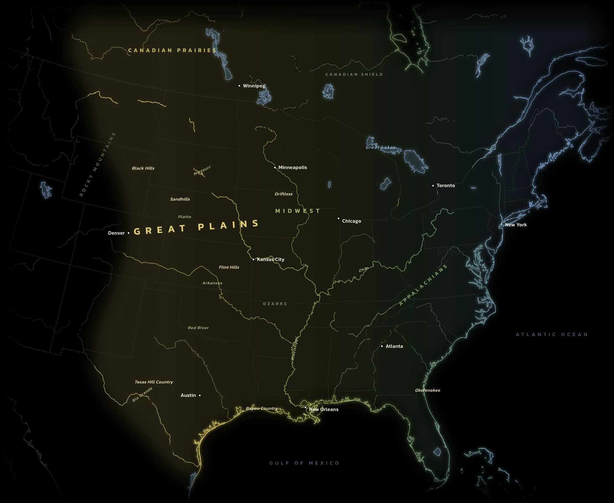 Line map of North America east of the Rocky Mountains on black, shading from wheat gold on the Great Plains through green across the Midwest to blue on the Atlantic coast, with the Mississippi, Missouri and Ohio rivers, the Great Lakes, the Appalachians and the Gulf of Mexico, and Denver, Winnipeg, Minneapolis, Chicago, Kansas City, Austin, New Orleans, Atlanta, Toronto and New York marked.